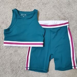 WILO the Label Teal Colorblock Contour Bra & Bike Short Set - Size Medium -Retro